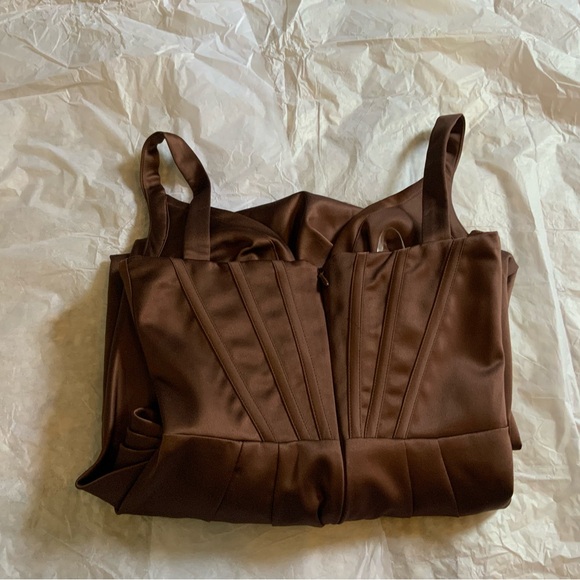 HOUSE OF CB 'Faye' Chocolate Satin Pleated Midi Dress - Picture 6 of 10